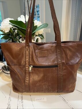 Tumi Brown Leather Tote with Front Zip Pocket